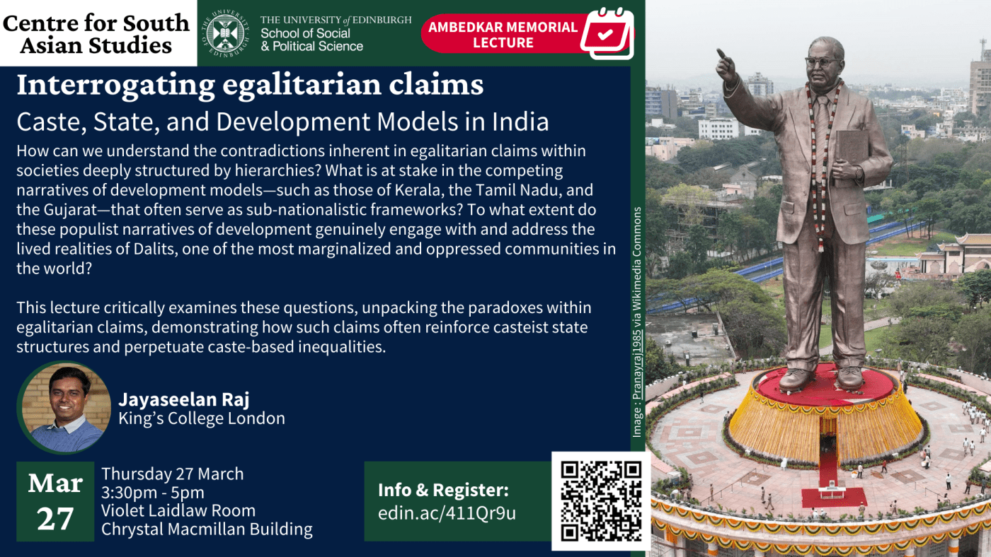 Interrogating egalitarian claims. Caste, State, and Development Models in India. With a picture of Ambedkar's statue. 